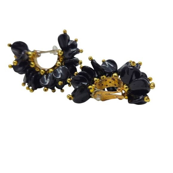 Vintage Black Beaded Half Hoop Cluster Earrings | 2.38" | Circa 1980s-1990s - Picture 7 of 7